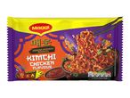 Korean-inspired kimchi chicken flavour noodles in a purple and yellow packet.