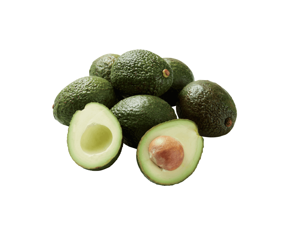 Hulk avokaadosid, millest kaks on pooleks lõigatud, näidates viljaliha ja seemet.
