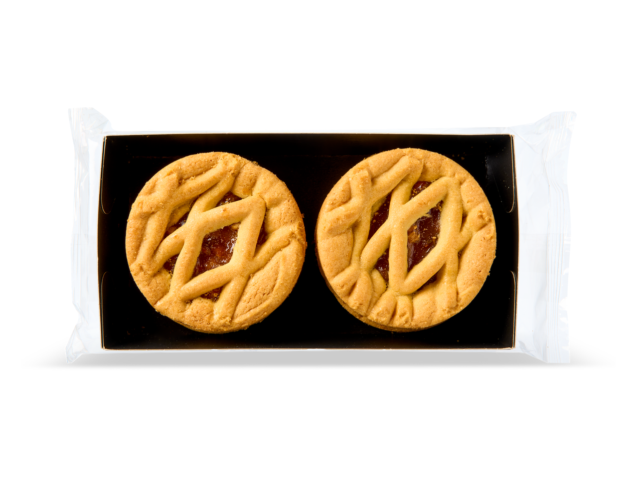 Twee ronde koekjes met jamvulling en een rasterpatroon, verpakt in plastic.