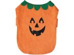 Orange pumpkin pet costume with a jack-o'-lantern face