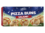 Embalagem de Trattoria Alfredo Pizza Buns Salami com tema de futebol.