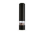 Black electric pepper grinder with a clear chamber filled with mixed peppercorns.