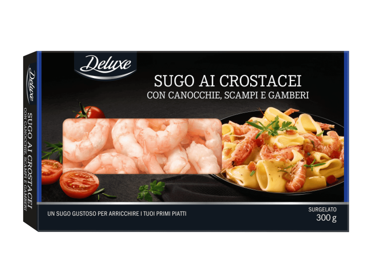 Karbipakend mereannikastmega, mis sisaldab krevette ja pastat.