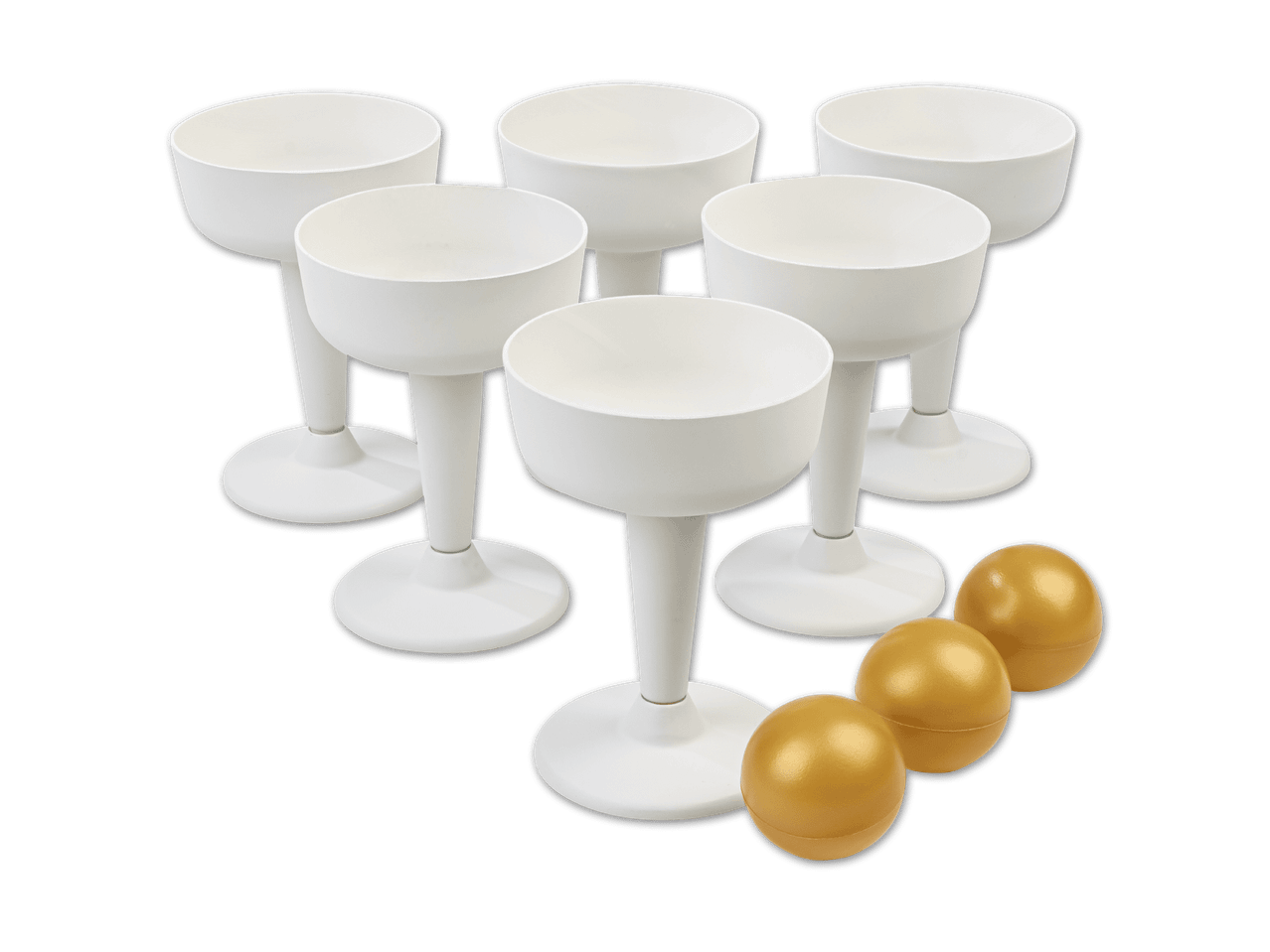 Sechs weiße Becher auf Stielen und drei goldene Kugeln, angeordnet wie ein Bowling-Set.