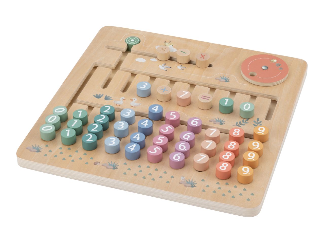 Wooden educational board with colorful number and math symbol blocks, featuring nature illustrations.