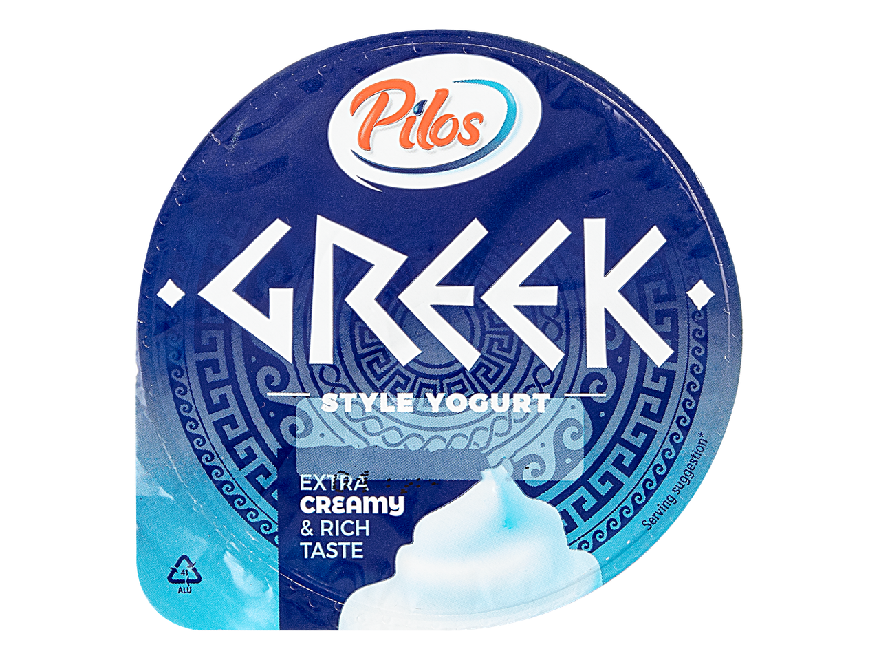 Grčki jogurt, ekstra kremast i bogatog okusa, s plavim i bijelim dizajnom.