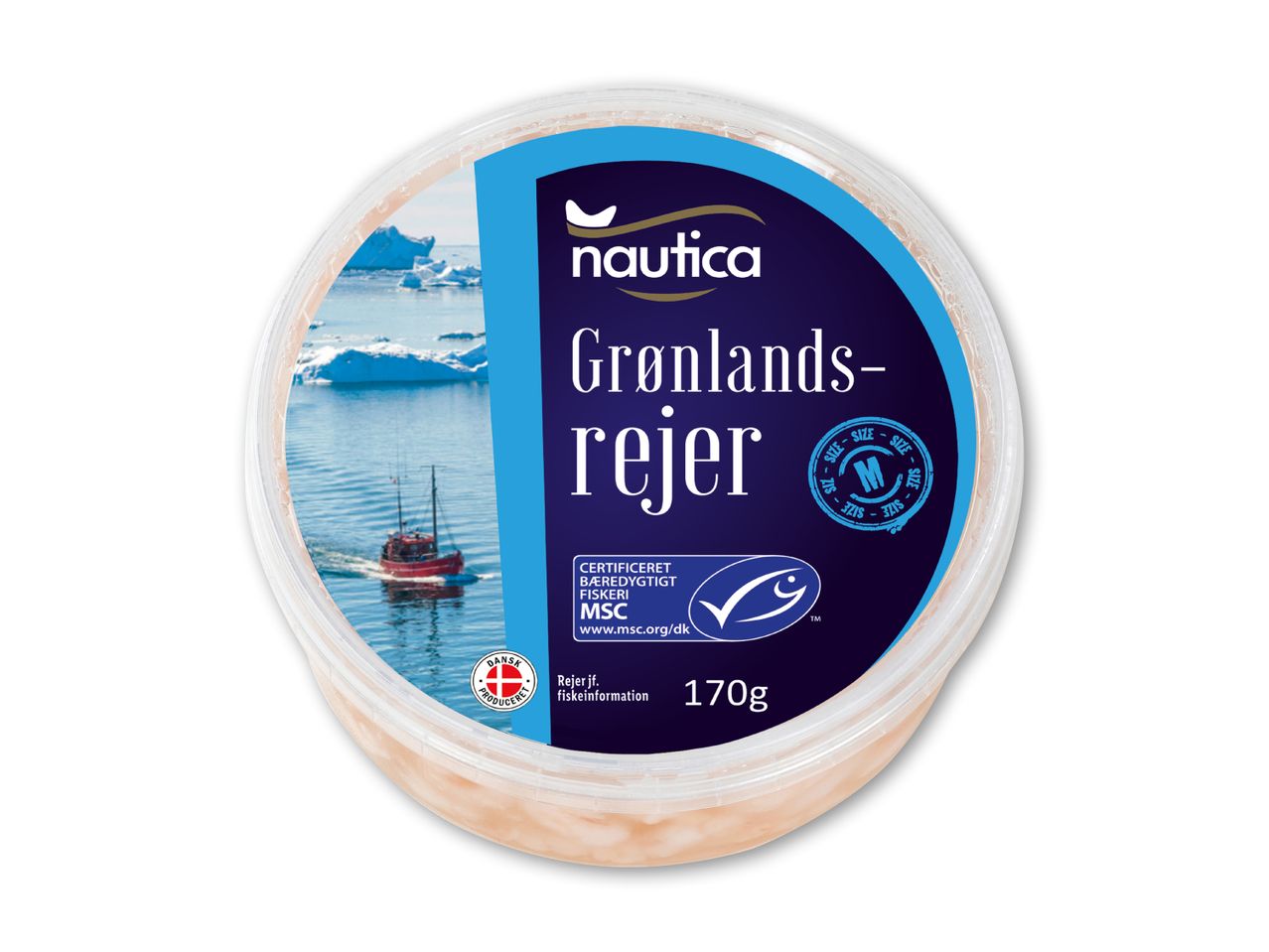 Grønlandsrejer i en rund beholder med et billede af en båd og isbjerge, 170g.