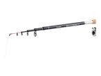 A black and white fishing rod with a cork handle and a reel, featuring text 'MULTI-X FEEDER 300-5'.