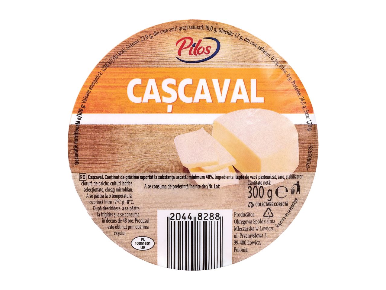 Etichetă rotundă Pilos Cașcaval cu informații nutriționale și detalii despre produs.