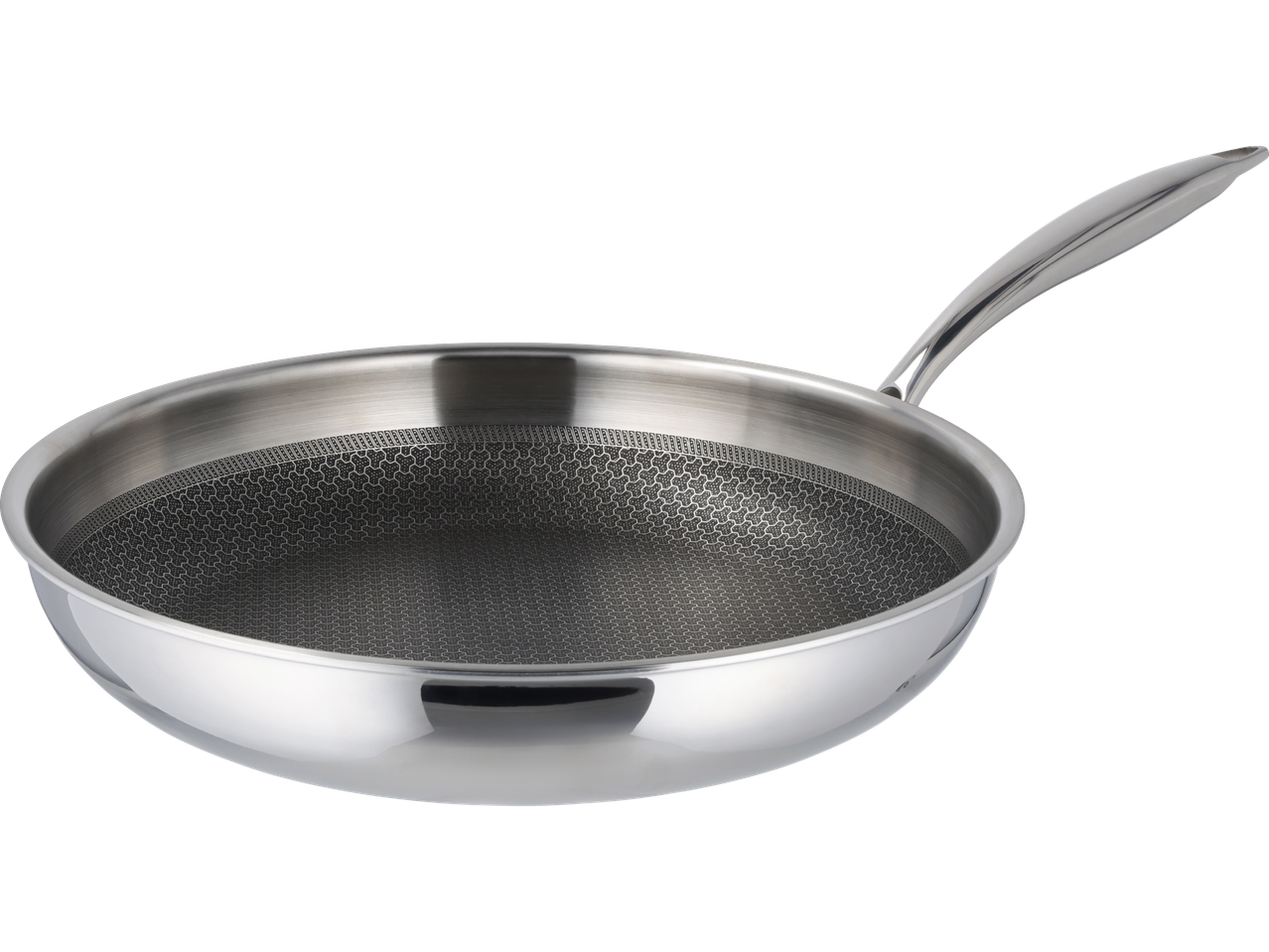 En blank stekpanna i rostfritt stål.
