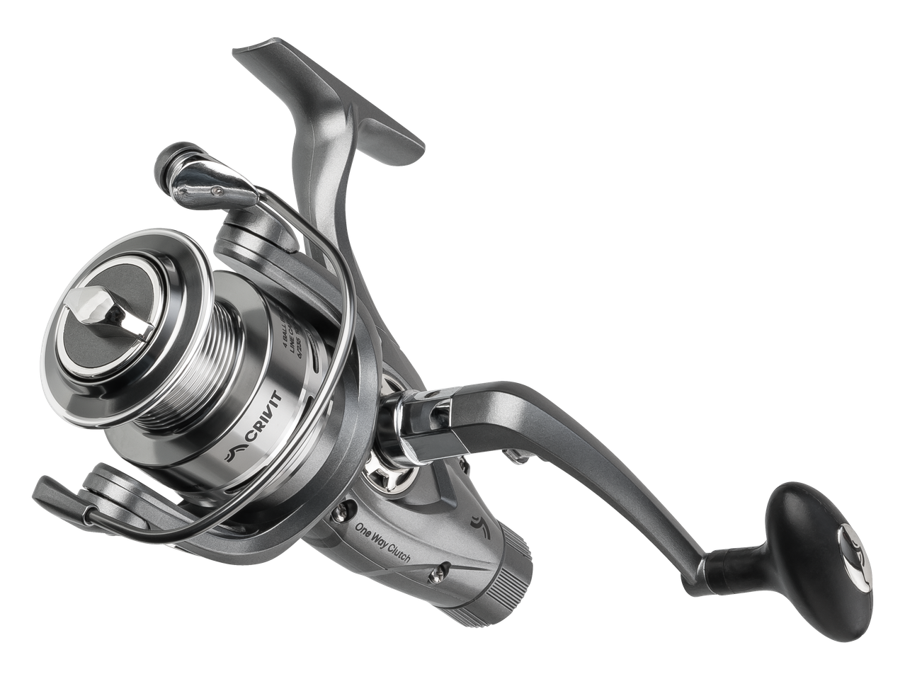 CRIVIT rola za ribolov sa srebrnim tijelom, crnom ručkom i vidljivim tekstom „One Way Clutch“.
