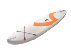 Inflatable paddleboard: white and orange design.