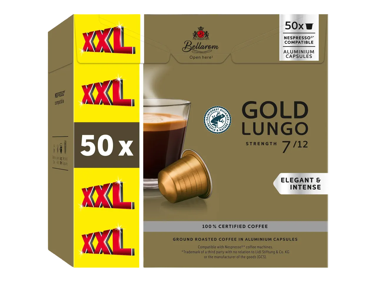 50 darabos, Nespresso-kompatibilis alumínium kávékapszula, Gold Lungo ízben, 7/12-es erősséggel.