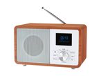 En trådløs radio med træfinish og en skærm, der viser '06 43' og 'David Guetta & B'.