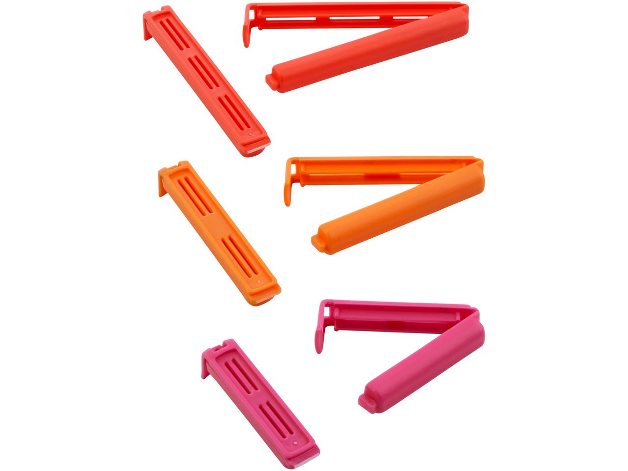 Sei Clip di fissaggio per sacchetti in plastica, arancioni e rosa.