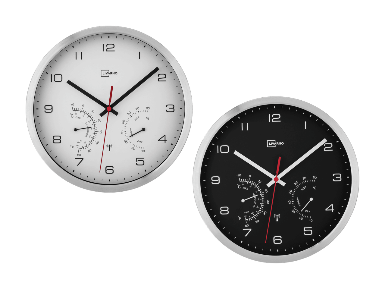 Deux horloges murales rondes, une blanche et une noire, avec thermomètre et hygromètre.