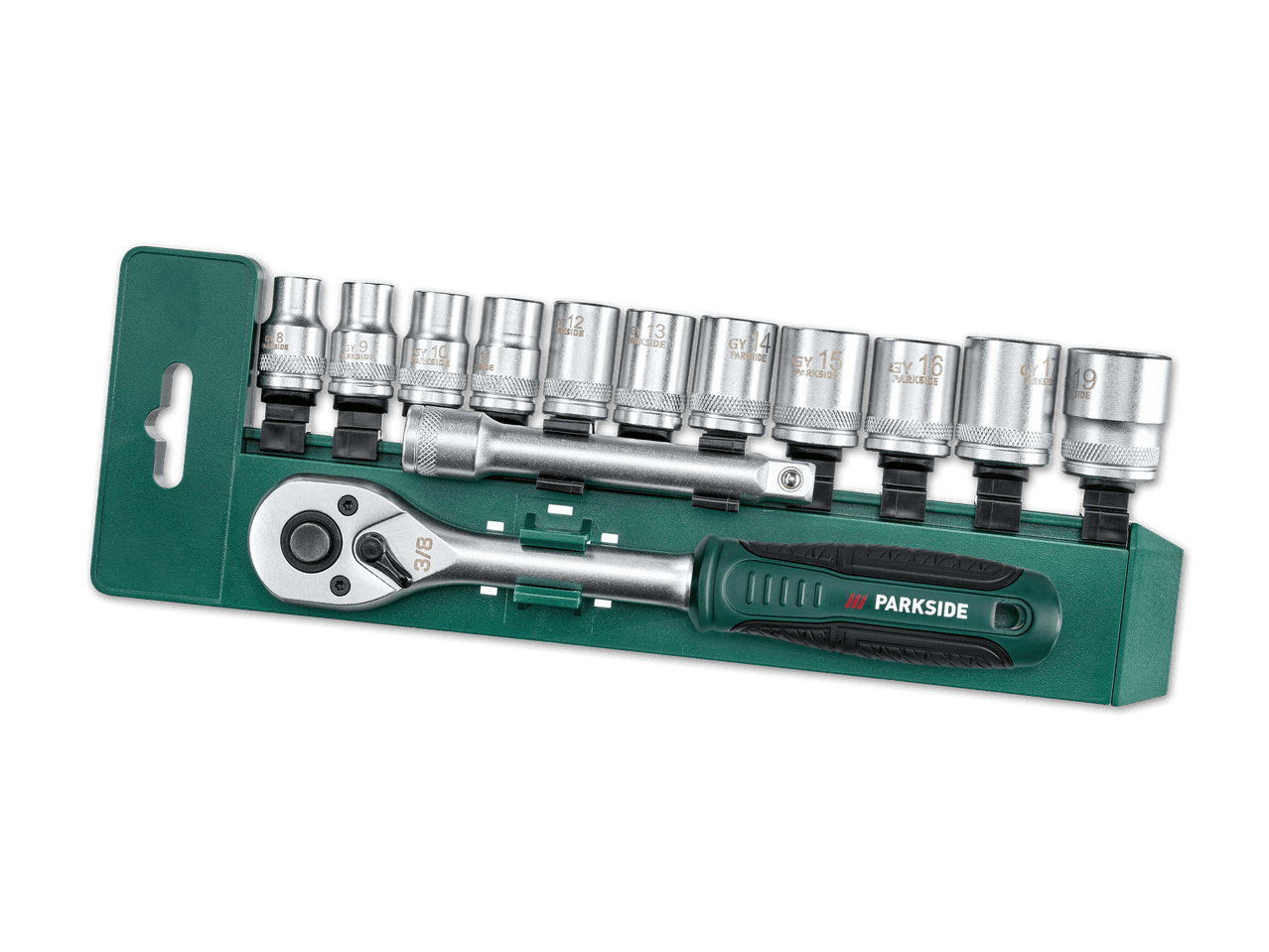 Steckschlüsselsatz mit Ratsche, Verlängerung und Stecknüssen von 8 bis 19 mm.