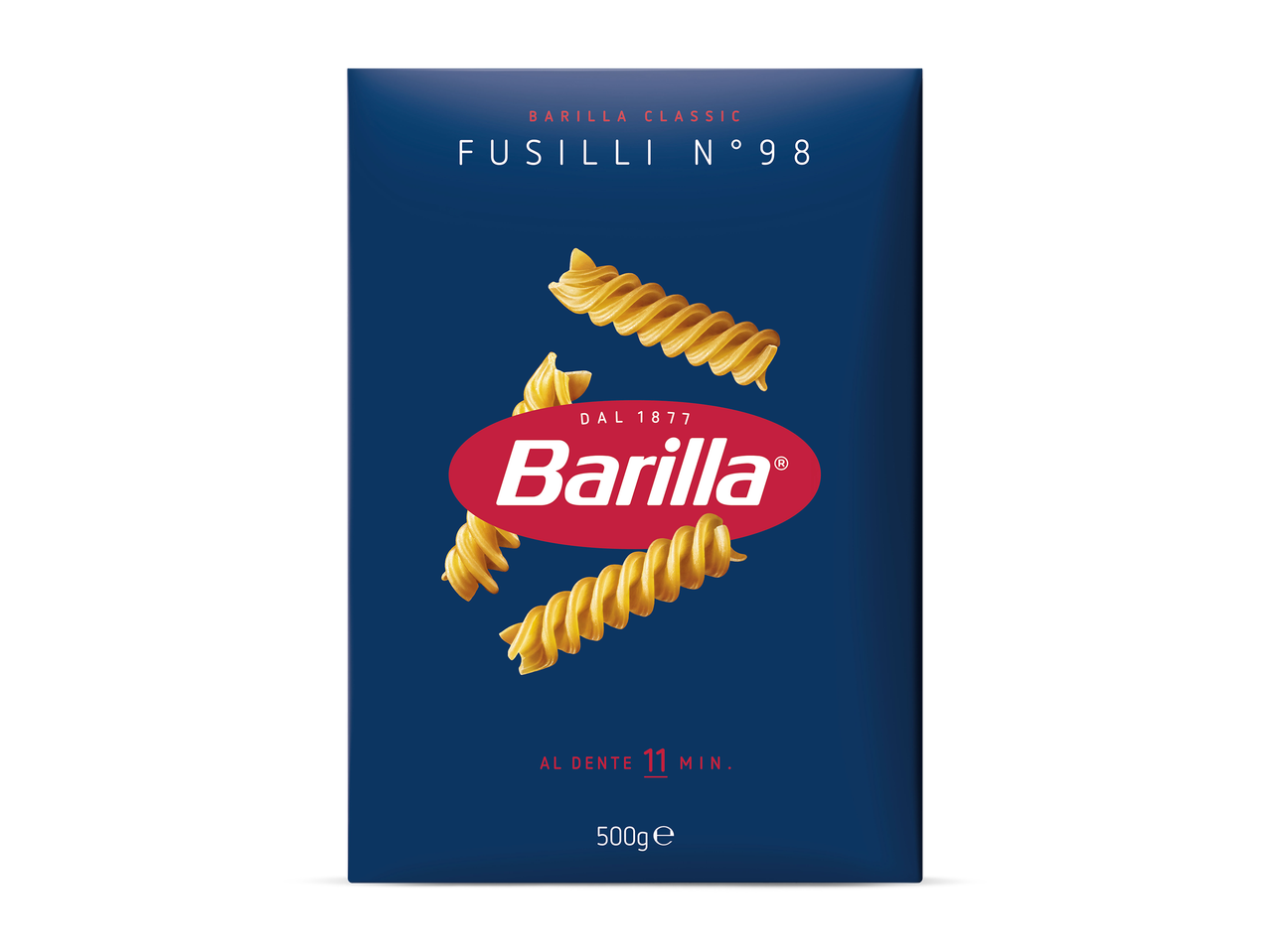 Verpakking fusilli pasta met kooktijd van 11 minuten en gewicht van 500g.