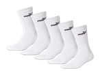 Fünf Paar weiße Sportsocken mit schwarzem Logo, diagonal angeordnet.