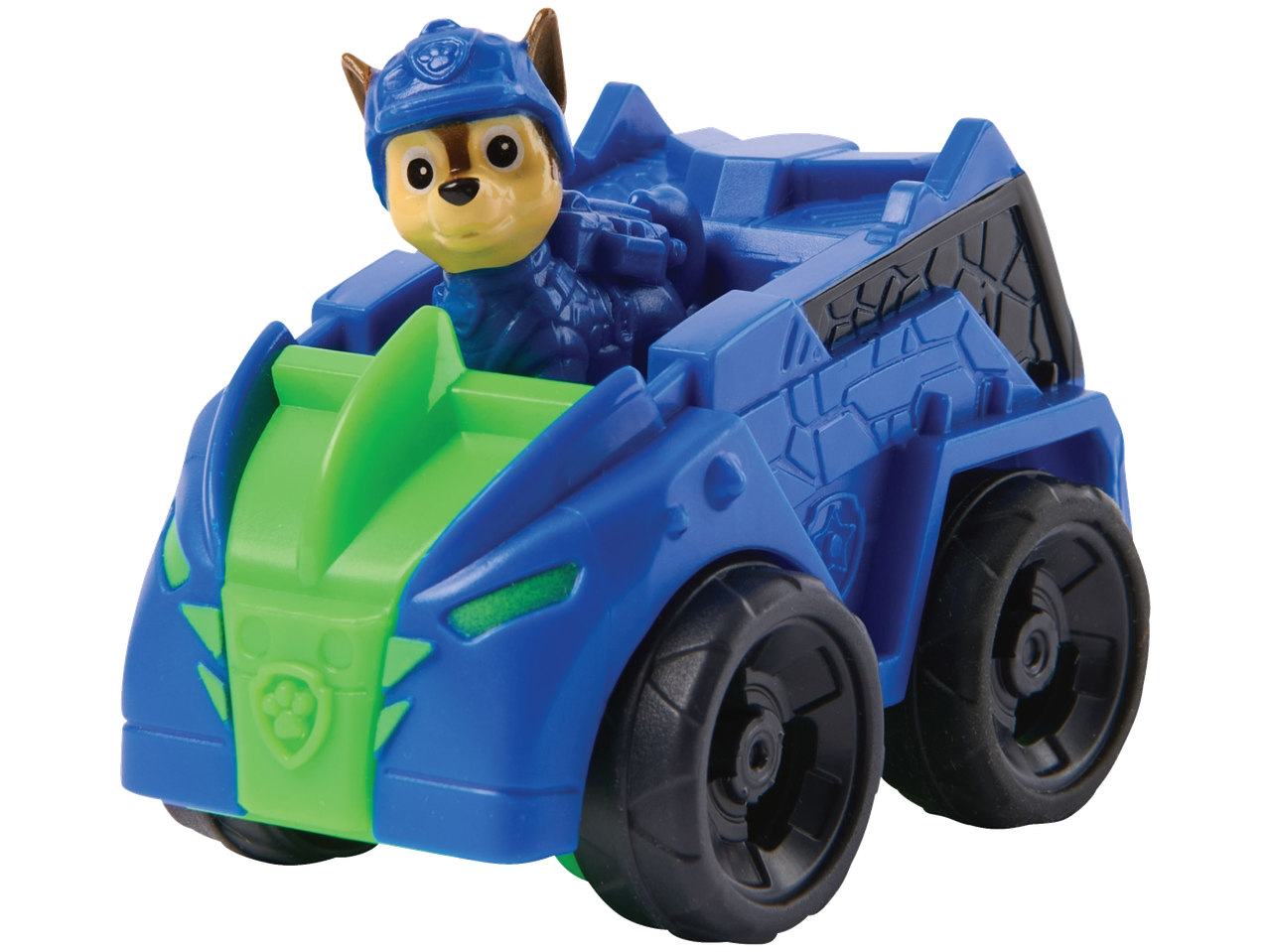 Blauwe en groene speelgoedauto met een hondenfiguur op de bestuurdersstoel