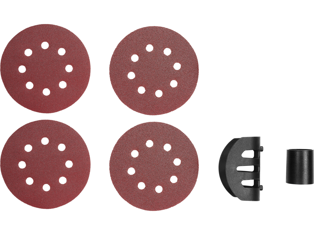 Four round sanding discs with holes, a black dust collection box, and a connector for an orbital sander.