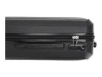 Close-up of a black suitcase with a combination lock and zipper