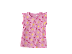 Pink children's top with ruffled sleeves, featuring a pattern of yellow suns and red ice cream cones and popsicles.