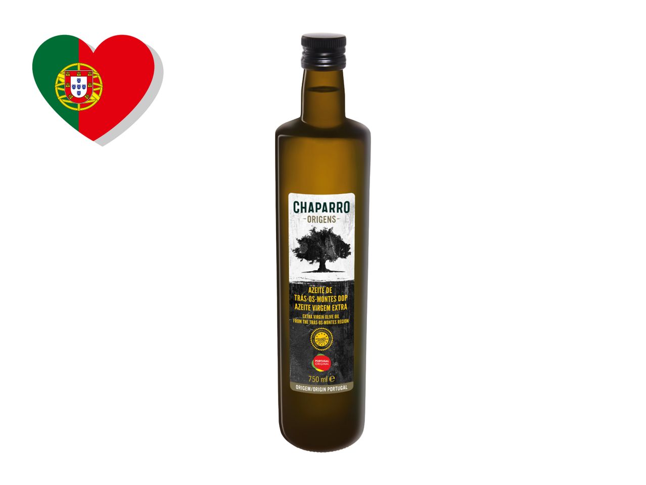 Portuguese extra virgin olive oil from Trás-os-Montes region in a bottle, with a heart-shaped Portuguese flag.