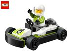 A green and white toy go-kart with a driver wearing a white helmet, number 8 on the front.
