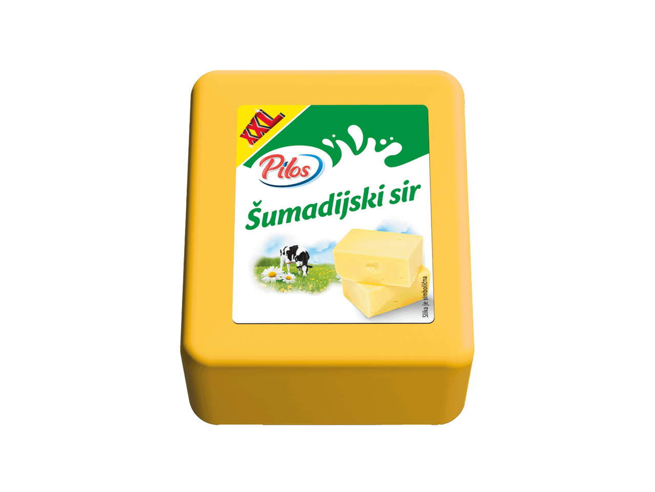 Žuti blok sira sa etiketom na kojoj piše 'Šumadijski sir' i prikazuje kravu i komade sira.