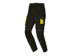 Pantalon de travail noir avec des accents jaunes et des détails réfléchissants.