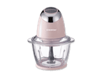 Ein rosa SilverCrest-Zerkleinerer mit Glasbehälter steht auf schwarzem Hintergrund.