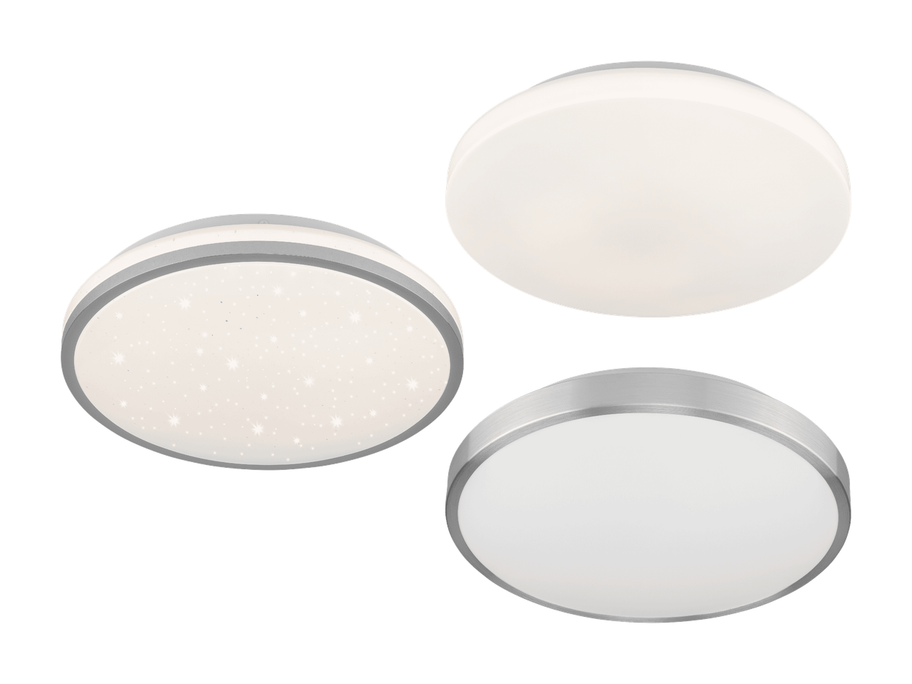 Trois plafonniers LED ronds, un avec effet étoilé, deux blancs unis.