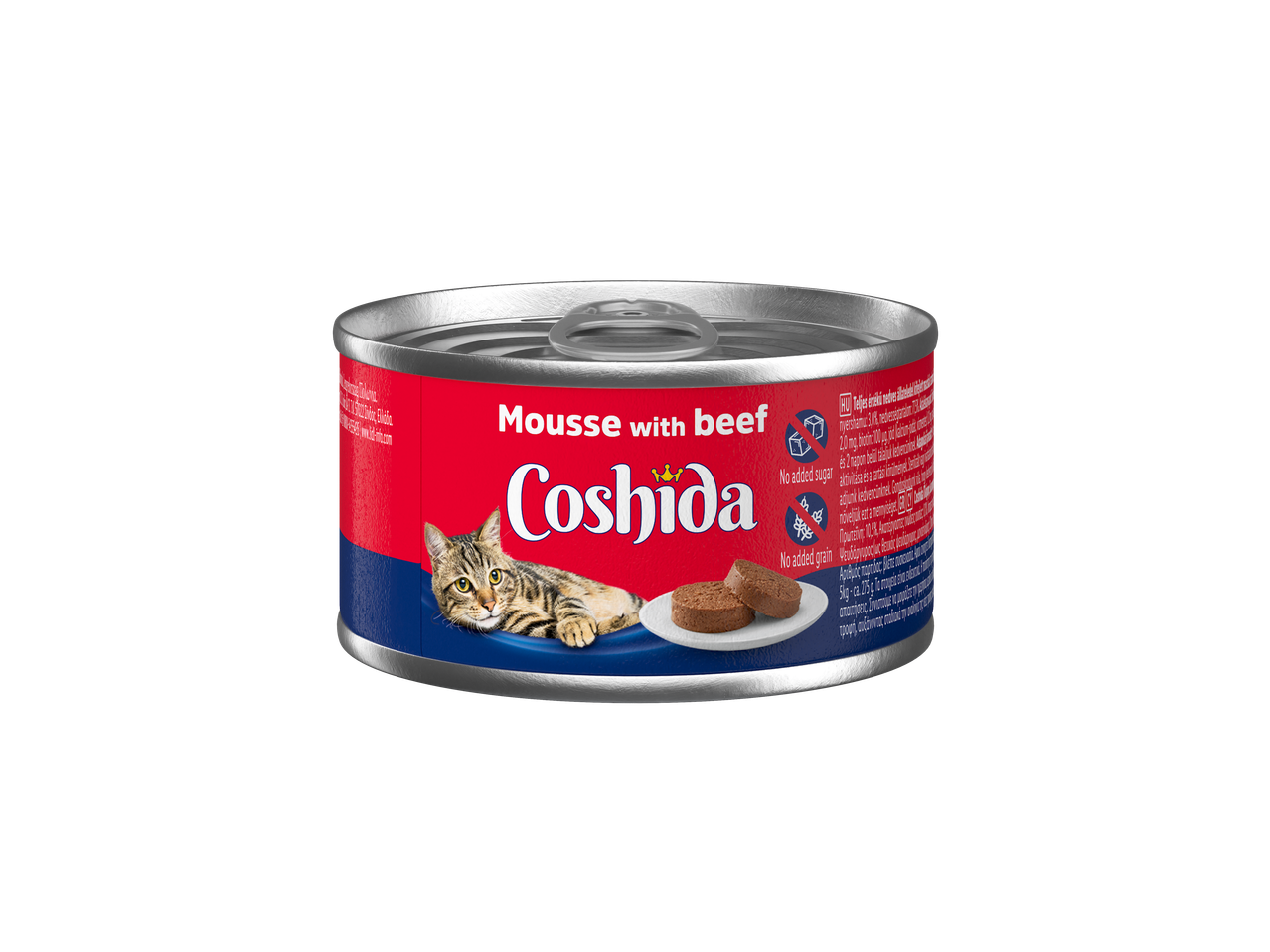 Coshida Mousse marhahússal macskaeledel konzerv, hozzáadott cukor és gabona nélkül.