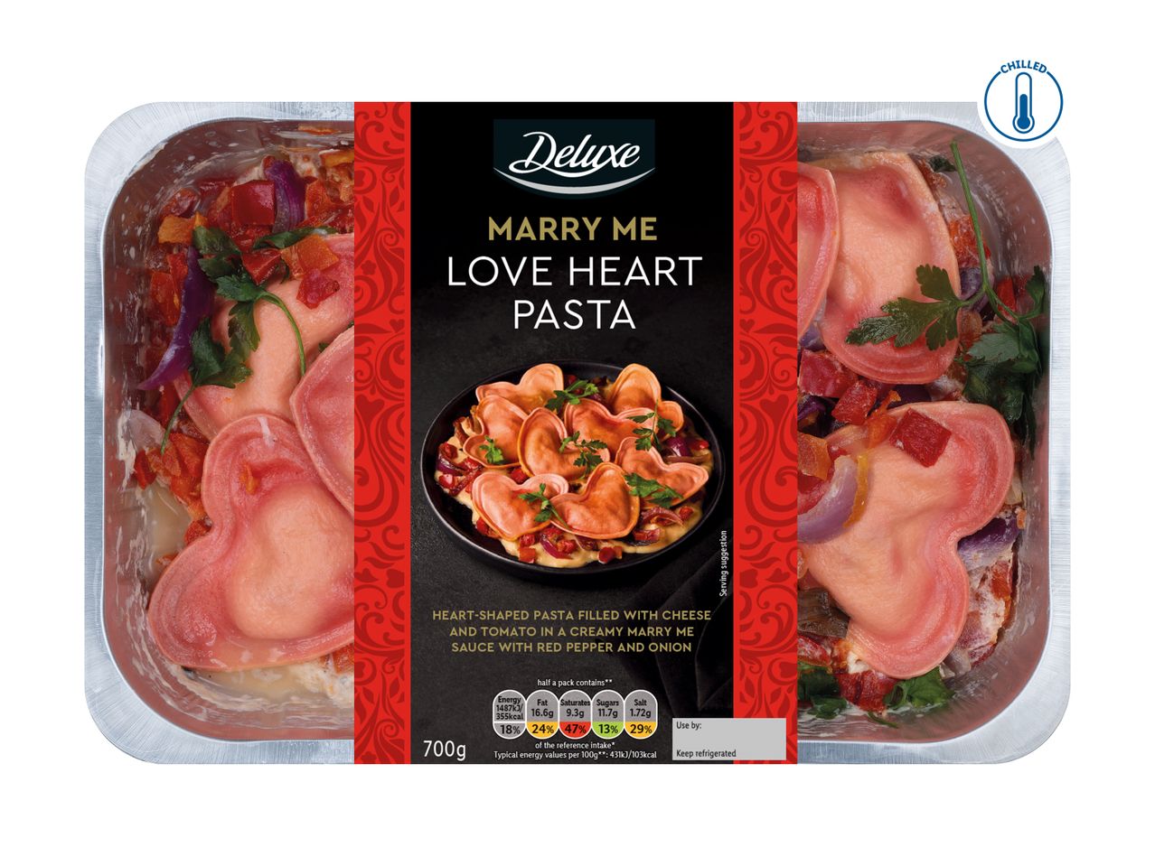 Chilled heart-shaped pasta with cheese and tomato in a creamy sauce, red pepper, and onion.