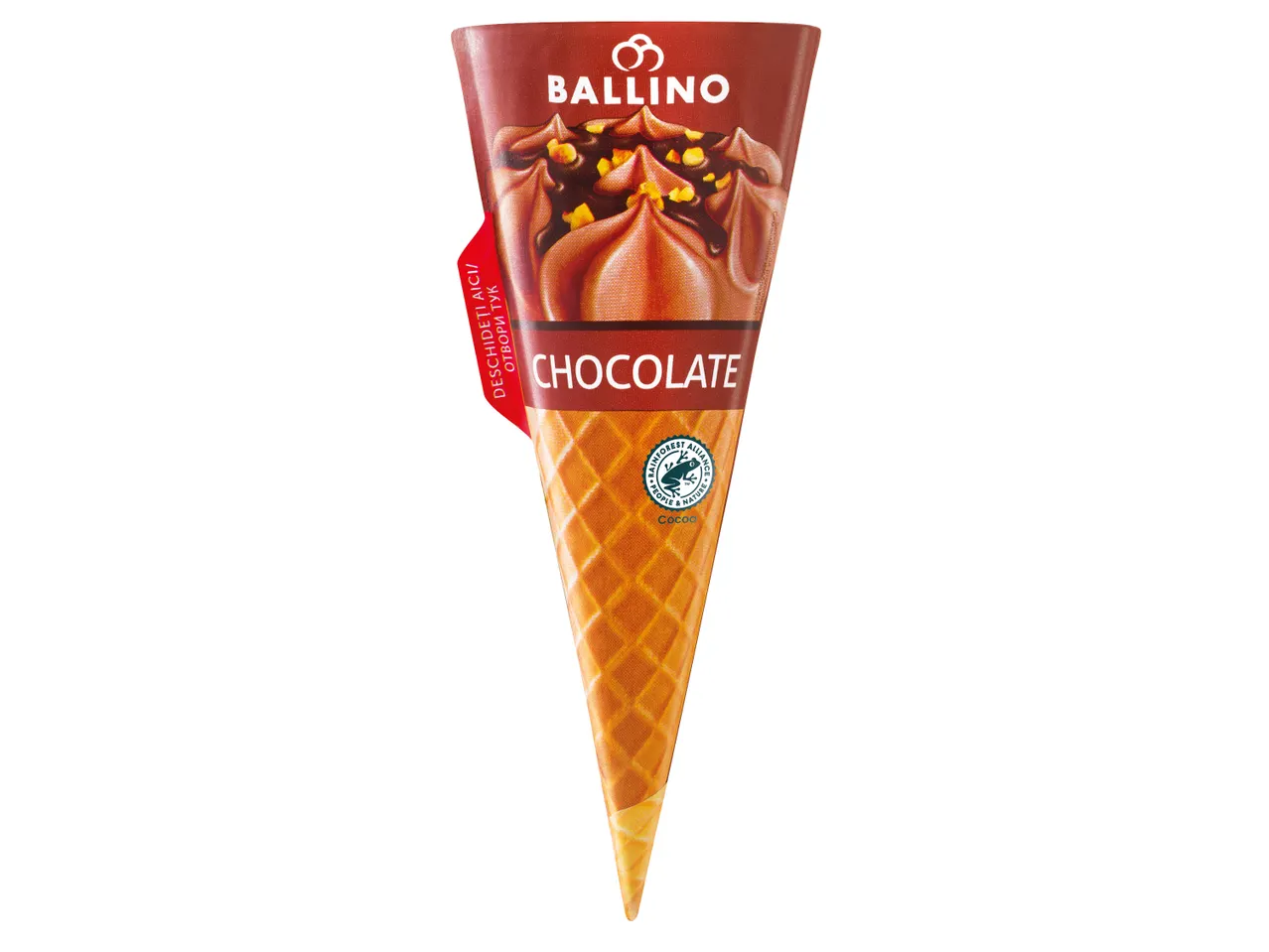 Шоколадов сладолед Ballino в конус с надпис „Отвори тук“ и логото на Rainforest Alliance.