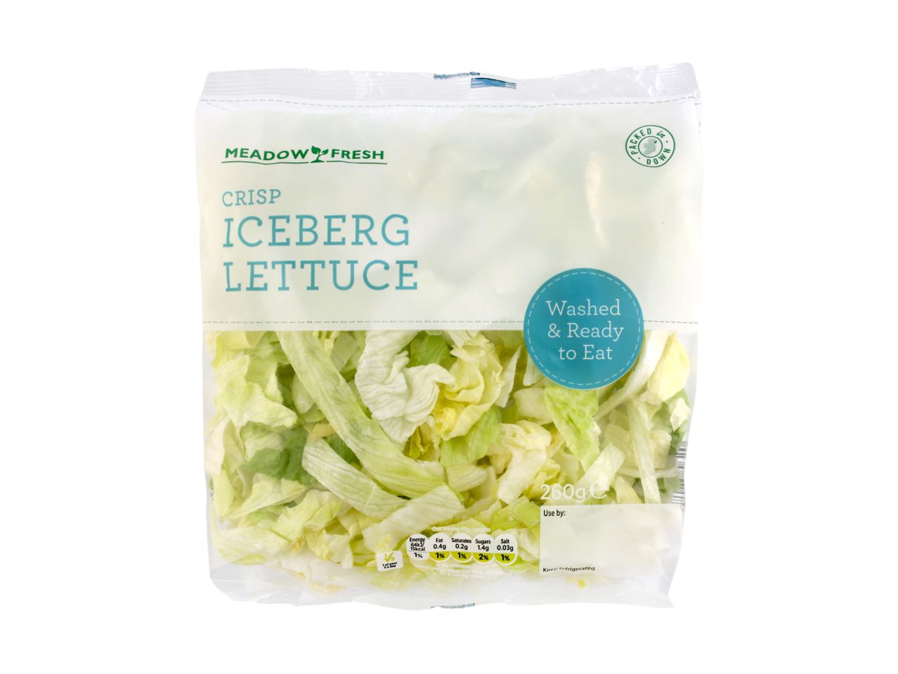 A bag of crisp iceberg lettuce, washed and ready to eat, with nutritional information.
