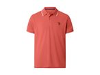 Men's coral polo shirt with a black marlin fish logo on the chest and white stripes on the collar and sleeves.