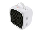 Compact white ceramic fan heater with a carrying strap and control knobs