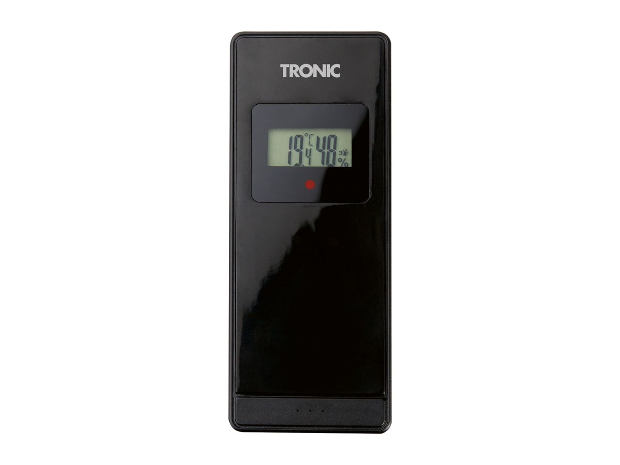 Black digital thermometer and hygrometer displaying 19.4°C and 48% humidity.