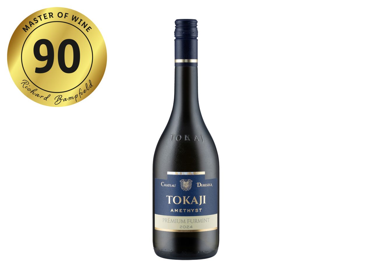 A bottle of Tokaji wine with a gold 90-point Master of Wine rating by Richard Bampfield.