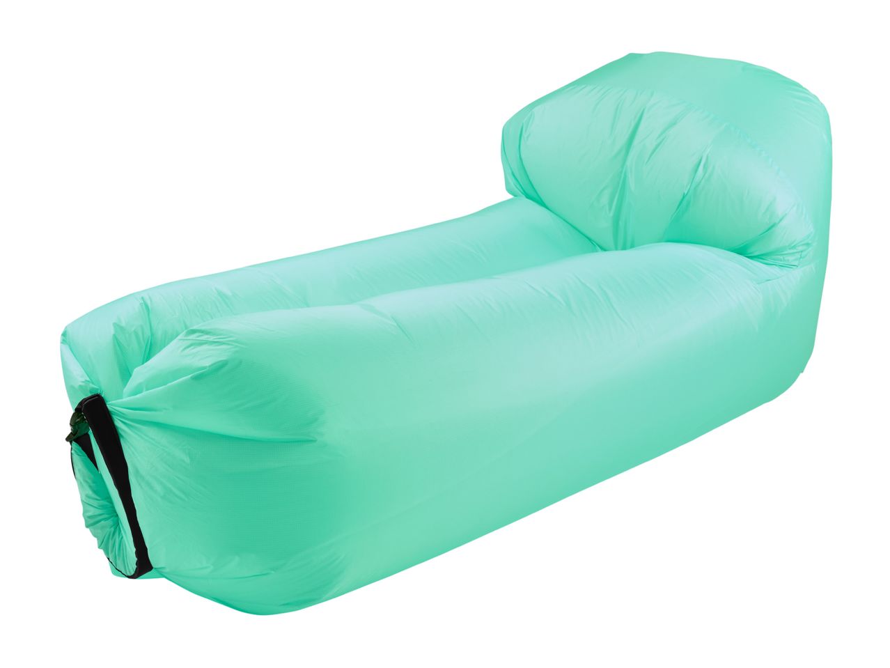 Mint green inflatable lounger with a black buckle closure, isolated on a white background.