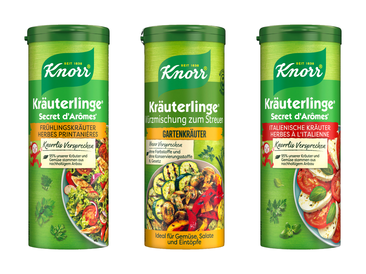Trois pots d'épices Knorr Kräuterlinge: herbes de printemps, herbes de jardin et herbes italiennes.