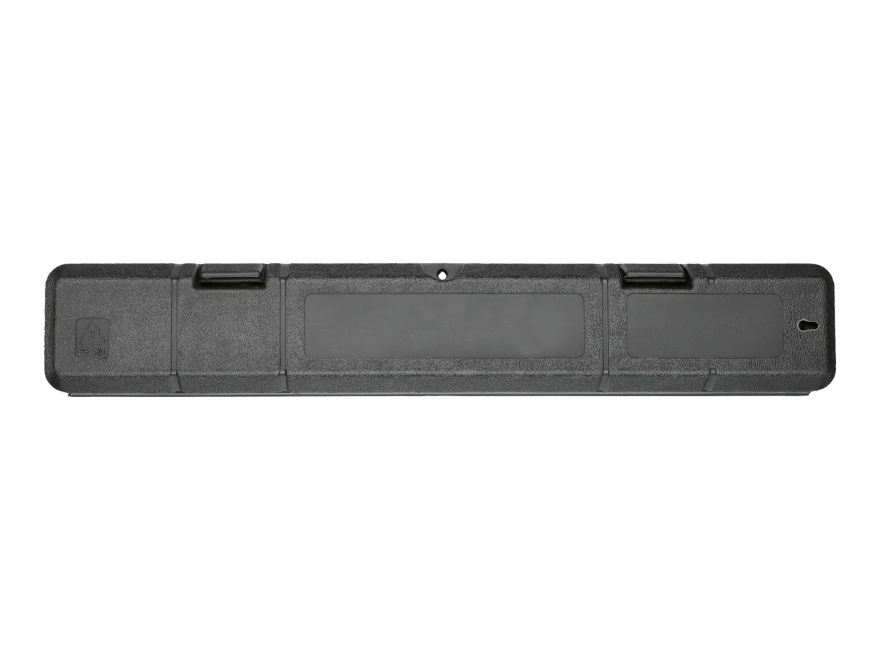 Black plastic case for tools or equipment, with a textured surface and a recycling symbol.