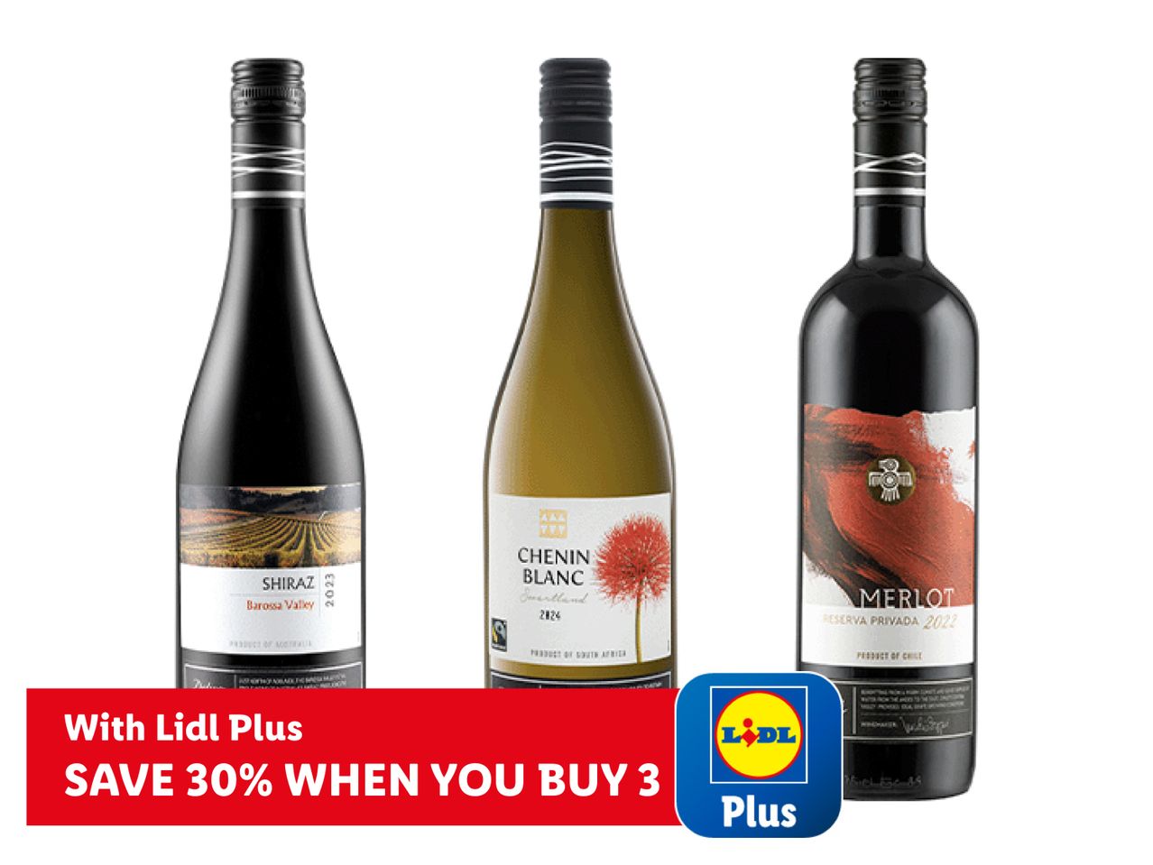 Three bottles of wine (Shiraz, Chenin Blanc, Merlot) with a Lidl Plus offer to save 30% when buying 3.