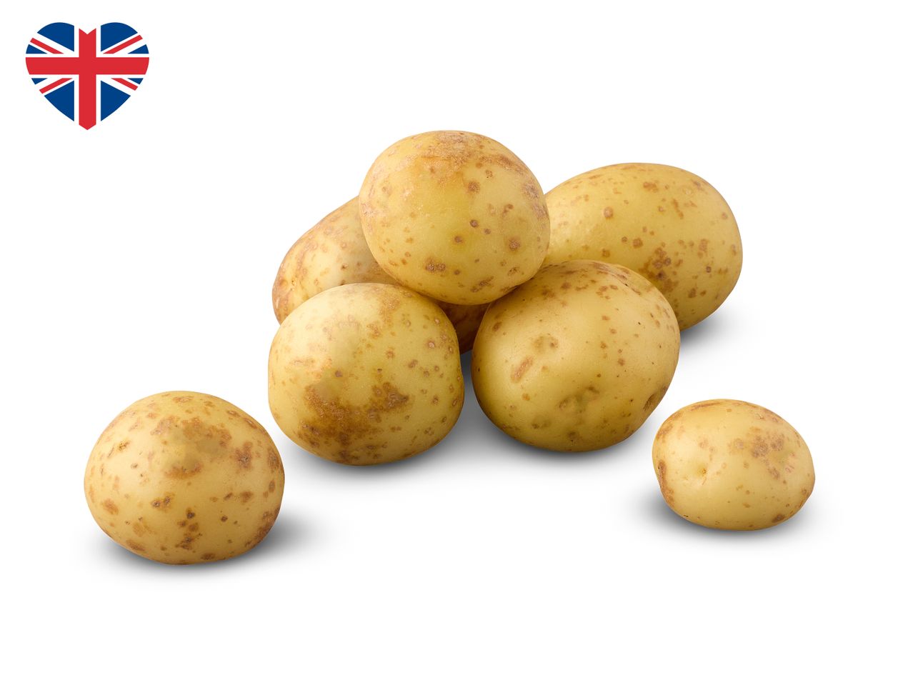 A pile of small, light brown potatoes with a heart-shaped Union Jack flag in the top left corner.