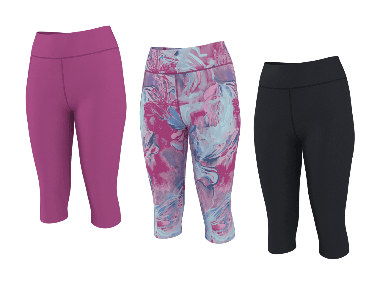 Trois leggings capri : rose uni, motif abstrait rose et bleu, et noir uni.