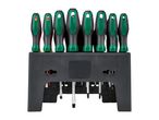 A set of screwdrivers with green and black handles in a black stand, featuring various tip types.