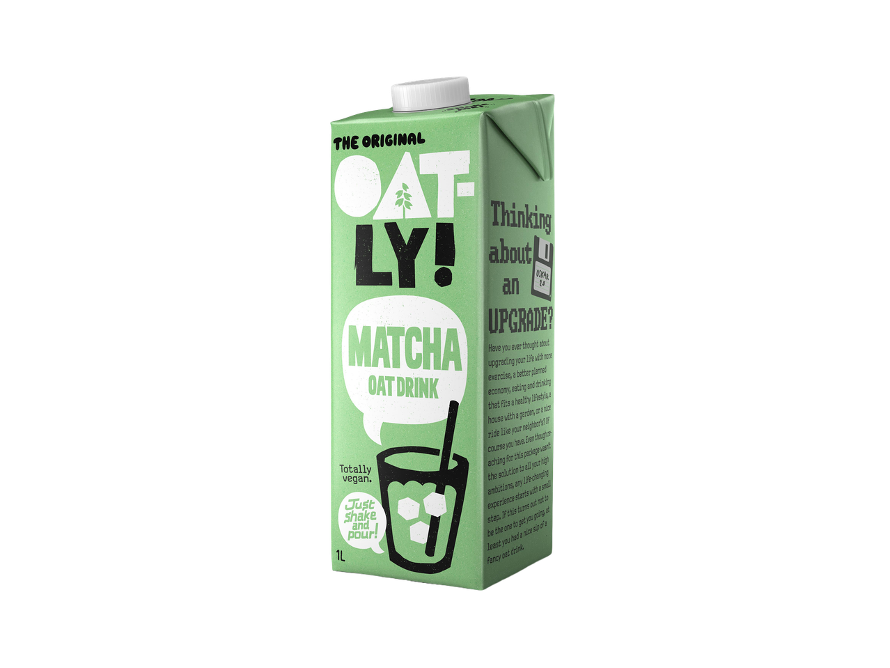 Zöld színű, 1 literes, vegán zabitalos doboz, matcha ízesítéssel.