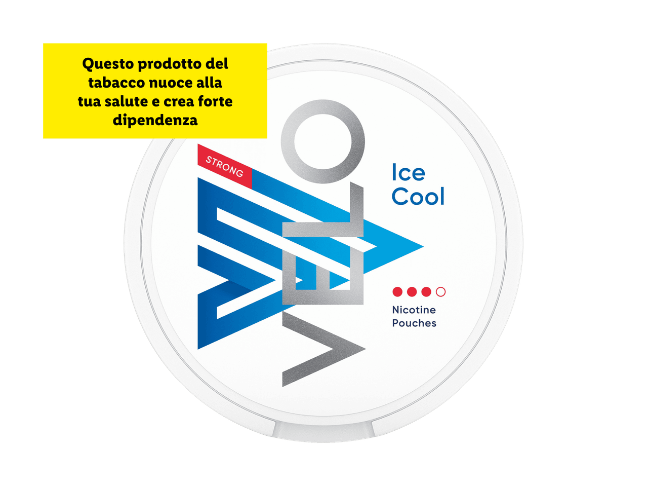 Una confezione di bustine di nicotina Velo Ice Cool con un avviso sul fumo.